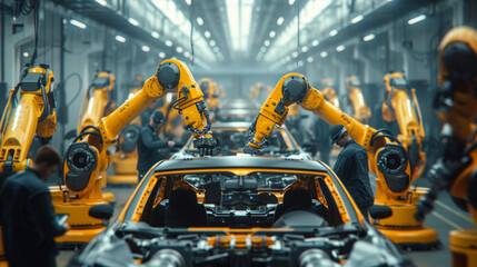 Fototapeta premium Robotic arms in an automotive factory assembling cars on a production line, showcasing modern manufacturing technology.