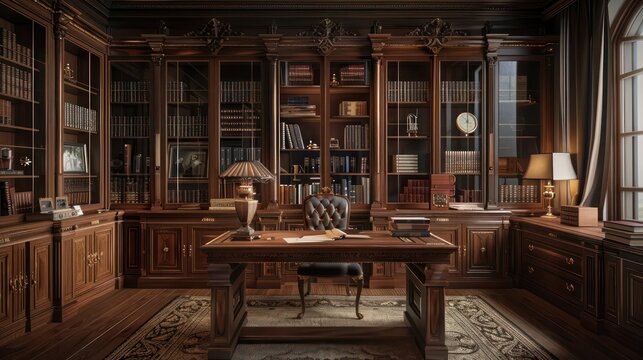 traditional Victorian study with rich wood paneling, a heavy desk, and classic book collections encapsulated in glass cabinets