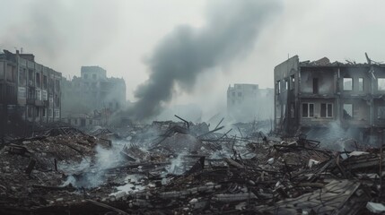 Fototapeta premium Grim aftermath of destruction with smoke rising from ruined buildings
