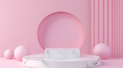 Abstract minimal scene with marble podium and tropical leaves on pink background,Background podium product display 3D stand platform marble stone. Product podium background stage cosmetic 
