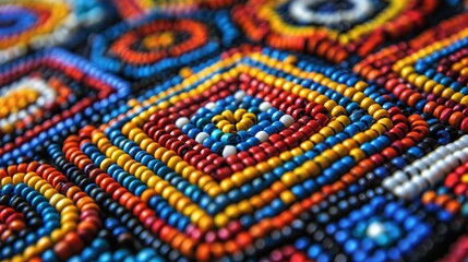 A close-up of intricate Zulu beadwork from South Africa, featuring bold geometric patterns and vibrant colors. Abstract Backgrounds Illustration, Minimalism,