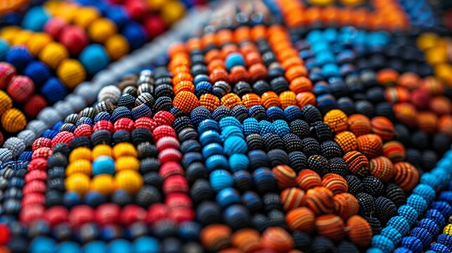 A close-up of intricate Zulu beadwork from South Africa, featuring bold geometric patterns and vibrant colors. Abstract Backgrounds Illustration, Minimalism,