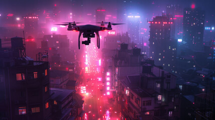 Obraz premium A drone flying over a cityscape at night, with vibrant neon lights illuminating the urban environment.