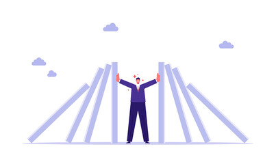 Businessman stopping falling dominos, stopping chain reaction, risk and crisis management concept