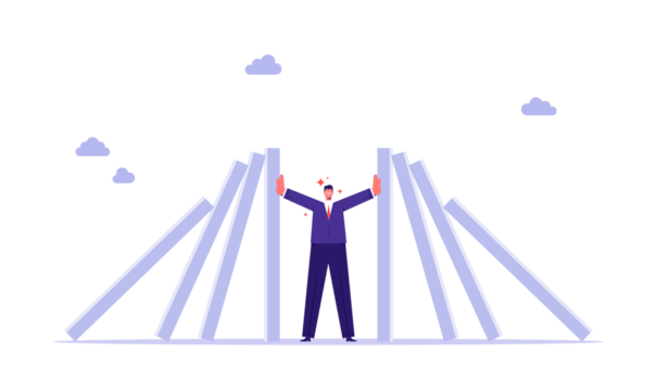 Businessman stopping falling dominos, stopping chain reaction, risk and crisis management concept