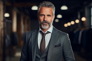 Fototapeta premium Portrait of a content man in his 50s wearing a professional suit jacket in front of empty modern loft background