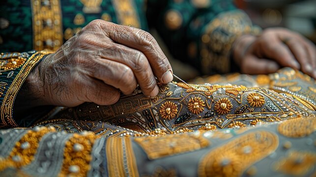 An artistic shot of a Moroccan artisan hand-embroidering a traditional djellaba robe with intricate gold threadwork. Abstract Backgrounds Illustration, Minimalism,