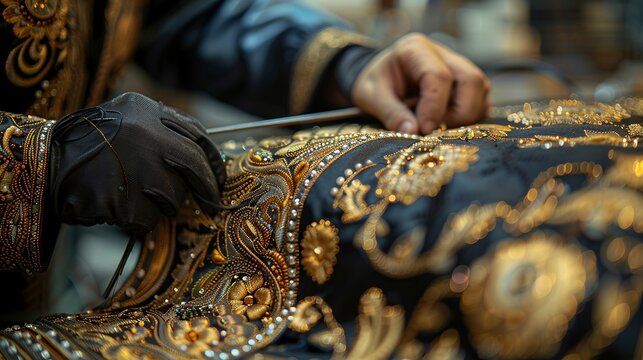 An artistic shot of a Moroccan artisan hand-embroidering a traditional djellaba robe with intricate gold threadwork. Abstract Backgrounds Illustration, Minimalism,