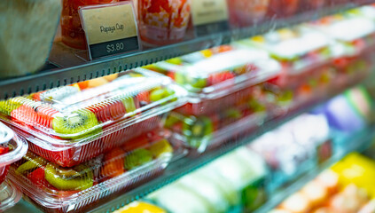 Plastic boxes with fresh fruits in a commercial refrigerator