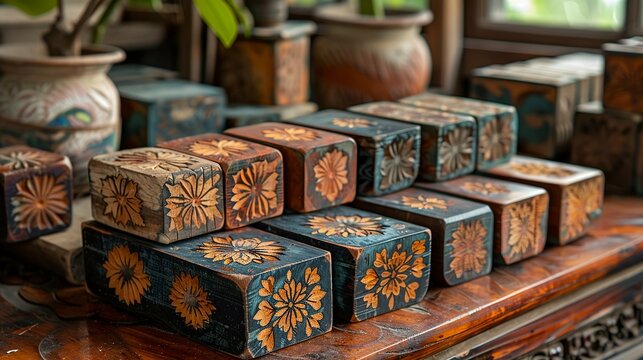 A close-up of hand-carved wooden printing blocks used in Indian block printing, showcasing traditional motifs. Abstract Backgrounds Illustration, Minimalism,