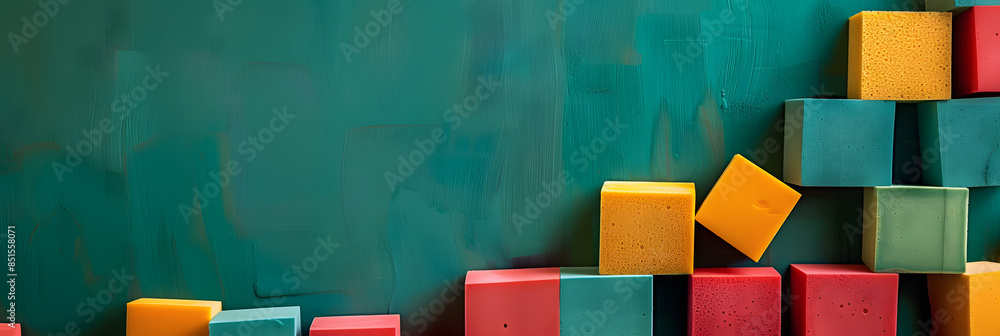 Poster an abstract arrangement of colorful geometric blocks constructed with sponges rests on a green paper