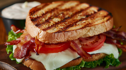 Toast sandwich with grilled cheese and bacon pieces, and tomato slices between the toast bread