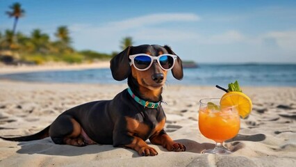 Dachshund dog in sunglasses with cocktail on beach by sea