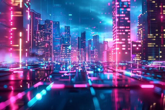 Produce a sleek, futuristic CG 3D image of a rear view virtual world, showcasing a vibrant neon cityscape with floating holographic displays,