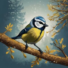 Fototapeta premium Eurasian blue tit on a branch drawing