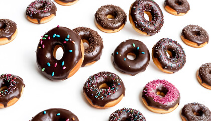 Flying Frosted chocolate glazed donuts on white background