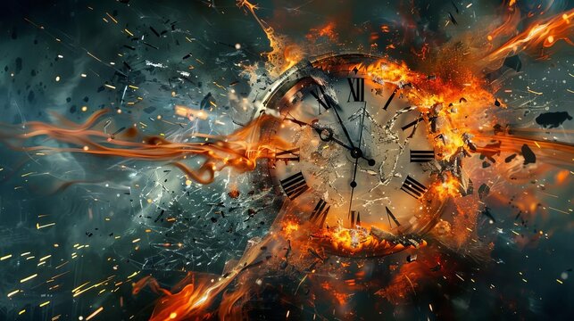 Shattered clock with fiery explosion,
