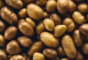 Obraz premium A close-up view of a pile of fresh potatoes with varying shades of brown and yellow skins. National Potato Month.