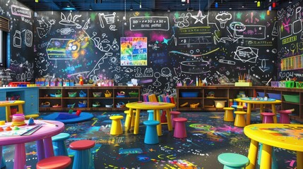 Obraz premium vibrant children's art center with walls covered in chalkboard paint, colorful tables, and a variety of art supplies for creative expression