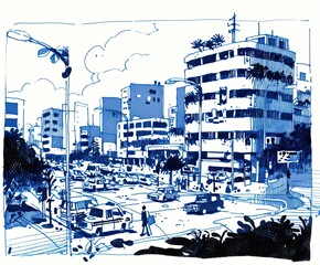 Blue Ink City Street Scene