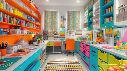 vibrant craft room with organized storage, bright colors, and a large worktable to inspire creativity