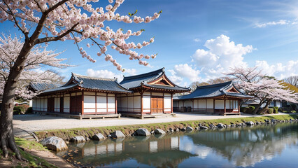 Fototapeta premium Sakura garden, lake, nature. Japanese culture.