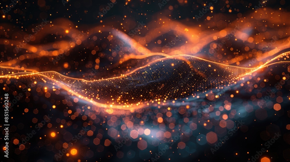 Poster 3d rendered landscape of orange waves with glowing edges on a dark background. digital art of orange