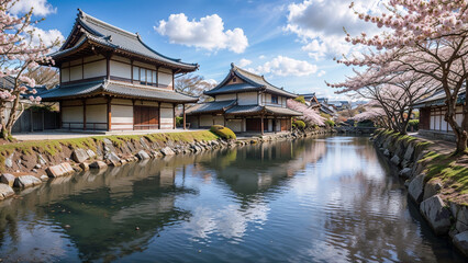 Naklejka premium Sakura garden, lake, nature. Japanese culture.