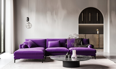 Modern and Simple Interior of Living Room with Purple Sofa and other Furniture. Clean Wall Design. Coffee table and lighting. Luxury apartment, contemporary comfortable style. 3D