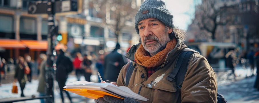 An artist sketching portraits of strangers in a bustling city square, capturing the essence of each individual with quick strokes of a pencil.