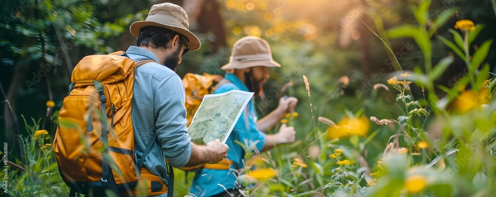 Aufkleber activists installing informative signs in national park about local flora and fauna for environmenta