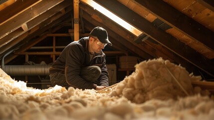Worker Inspecting Attic Insulation Installation