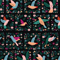 Vector pattern with flowers and hummingbirds. Beautiful trendy background for packaging, fabric, wallpaper.