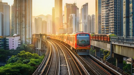 Modern Train Moving Through Urban Skyscrapers