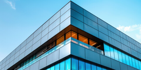 Close-up of a modern glass office building's corner against a clear blue sky, showcasing contemporary architecture and design.