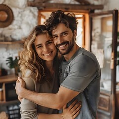Fototapeta premium Excited Young Couple Embracing During Their First House Hunting Journey Expressing Joyful New Beginnings