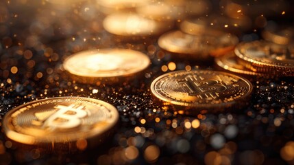 Golden Bitcoin Coins on Black Background