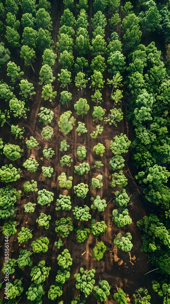 Aufkleber aerial view of a massive reforestation project with rows of young trees being planted for environmen