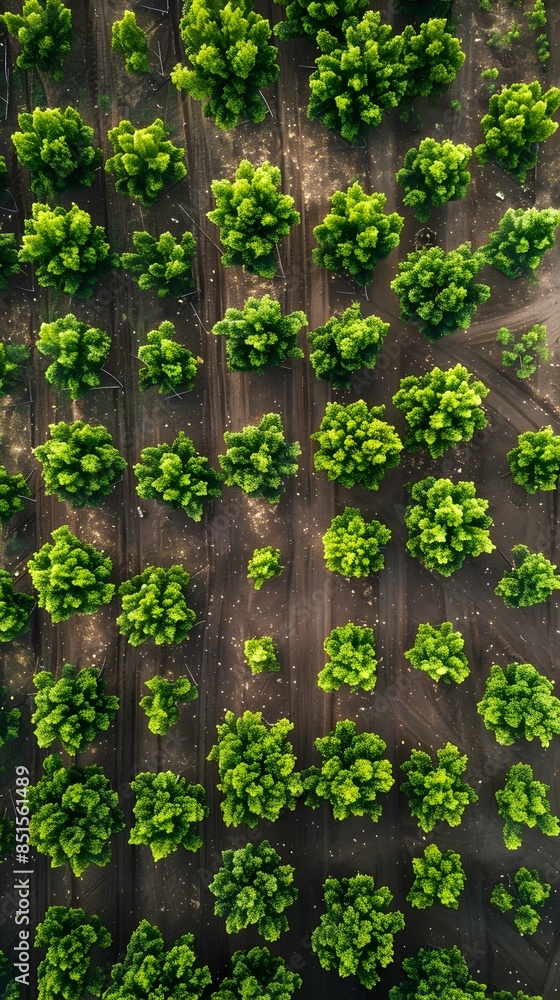 Poster massive reforestation project visible from above with rows of young trees being planted for environm