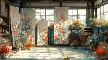 An artistic shot of a traditional Japanese kimono workshop, with artisans hand-painting delicate floral motifs onto silk fabric. Abstract Backgrounds Illustration, Minimalism,