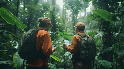 Conservationists Tracking Wildlife with GPS Technology in Dense Rainforest Environment