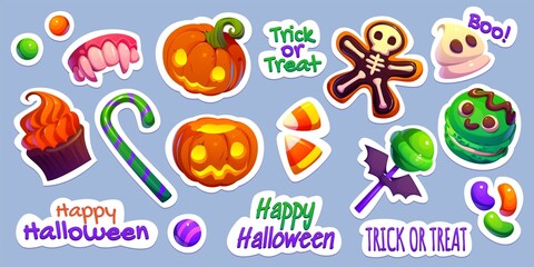 Colorful Halloween stickers with pumpkins, candy, ghosts, and more for a festive celebration