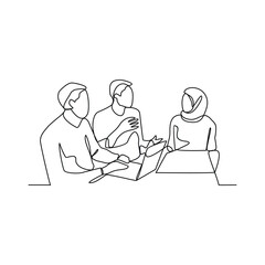 One continuous line drawing of Business people are discussing and presenting their business in front of their clients. Business people activity in simple continuous line style concept design vector.