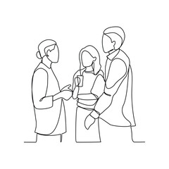 One continuous line drawing of Business people are discussing and presenting their business in front of their clients. Business people activity in simple continuous line style concept design vector.