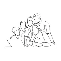 One continuous line drawing of Business people are discussing and presenting their business in front of their clients. Business people activity in simple continuous line style concept design vector.