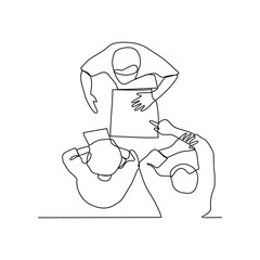 One continuous line drawing of Business people are discussing and presenting their business in front of their clients. Business people activity in simple continuous line style concept design vector.