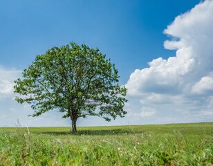 Fototapeta premium Baum in der mitte einer grünen Wiese bei Blauen Himmel 