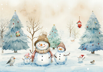 Fototapeta premium Watercolor Christmas Illustration, Snowmen and Birds on a Christmas Card, Festive and Whimsical
