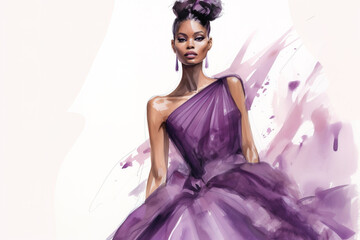 Beautiful fashionable young black woman in purple evening gown, fashion sketch illustration style	