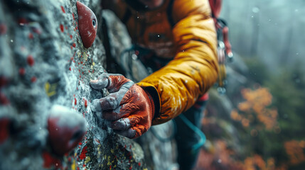 A close-up photo of a climber's hands gripping a textured rock face, showcasing the exertion and...